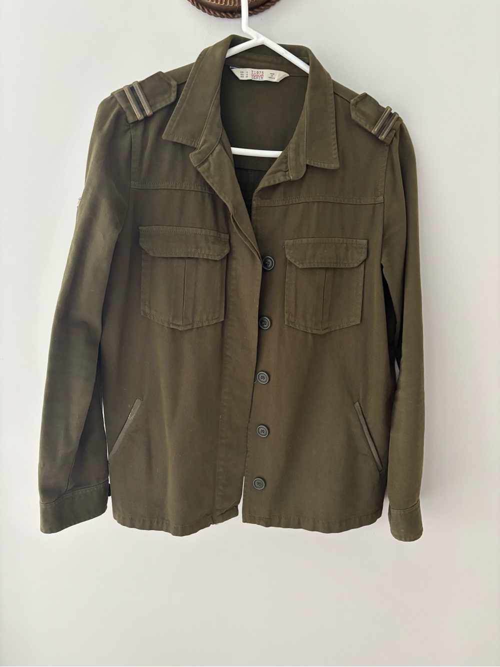 ZARA BASIC Z1975 Denim Womens Short Military Style Jacket Sz M Army Green
